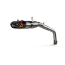 Introducing the Slip On Muffler CBR600RR 2024 by AKRAPOVIC: This sleek titanium motorcycle exhaust boasts a metallic finish, enhanced with a carbon fiber tip and adorned with a red logo on the side. Its lightweight design curves slightly, highlighting its aerodynamic structure and plug-and-play installation against a plain white background.