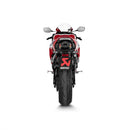 Introducing the Slip On Muffler CBR600RR 2024 by AKRAPOVIC: This sleek titanium motorcycle exhaust boasts a metallic finish, enhanced with a carbon fiber tip and adorned with a red logo on the side. Its lightweight design curves slightly, highlighting its aerodynamic structure and plug-and-play installation against a plain white background.