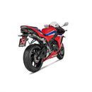 Introducing the Slip On Muffler CBR600RR 2024 by AKRAPOVIC: This sleek titanium motorcycle exhaust boasts a metallic finish, enhanced with a carbon fiber tip and adorned with a red logo on the side. Its lightweight design curves slightly, highlighting its aerodynamic structure and plug-and-play installation against a plain white background.