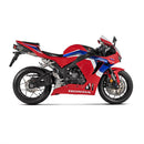 Introducing the Slip On Muffler CBR600RR 2024 by AKRAPOVIC: This sleek titanium motorcycle exhaust boasts a metallic finish, enhanced with a carbon fiber tip and adorned with a red logo on the side. Its lightweight design curves slightly, highlighting its aerodynamic structure and plug-and-play installation against a plain white background.