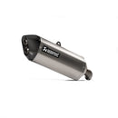 The AKRAPOVIC Slip On V Strom 1000/1050 exhaust muffler, in silver with dual outlets, a black end cap, and visible logo, known for its iconic Akrapovič sound, is shown against a plain white background.