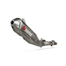The Full Ti System YZ250F 2024 by AKRAPOVIC is a silver titanium alloy motorcycle exhaust system on a white backdrop, showcasing a streamlined design with the iconic red and white Akrapovič logo for enhanced power and torque.