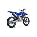 The Full Ti System YZ250F 2024 by AKRAPOVIC is a silver titanium alloy motorcycle exhaust system on a white backdrop, showcasing a streamlined design with the iconic red and white Akrapovič logo for enhanced power and torque.