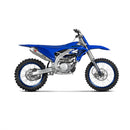 The Full Ti System YZ250F 2024 by AKRAPOVIC is a silver titanium alloy motorcycle exhaust system on a white backdrop, showcasing a streamlined design with the iconic red and white Akrapovič logo for enhanced power and torque.