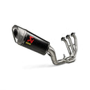 The Full System MT-09/FZ-09 2024 by AKRAPOVIC features a carbon-fiber muffler with the brand's logo, boasting a sleek black cylindrical design and four metallic pipes, delivering a sporty racing sound.