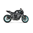 The Full System MT-09/FZ-09 2024 by AKRAPOVIC features a carbon-fiber muffler with the brand's logo, boasting a sleek black cylindrical design and four metallic pipes, delivering a sporty racing sound.