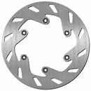 The KTM Rear Disc Rotor by SBS, measuring 220mm OD and 110mm ID, is a silver circular stainless steel brake disc with geometric perimeter cutouts and five bolt holes. It features a brushed finish and anticorrosion treatment for enhanced durability and improved brake performance.
