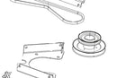Illustration of two blue gears, with the larger gear positioned towards the top left and the smaller gear towards the bottom right. Horizontal lines behind the gears suggest motion and speed, indicating mechanical or industrial activity, reminiscent of a Husqvarna Drive Kit for a Collection System on a 54" deck in action.