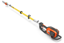 A long Husqvarna 525iDEPS MADSAW (skin) with a yellow shaft and an orange and black motor section. The saw features a cutting blade at one end and a grip handle with a power button at the other. Ideal for gardening, the tool is designed for trimming tree branches and reaching hard-to-reach areas outdoors.