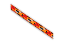 A close-up of the Husqvarna Climbing Rope 11.5 mm showcases its intricate, colorful design. The pattern features interwoven red, orange, black, and white strands that form a striking diagonal zigzag. Engineered for durability with minimal stretch, this climbing rope by Husqvarna stands out vividly against the solid black background.