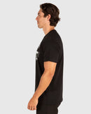 Man wearing a black t-shirt with a logo on a white background