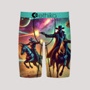 Pair of Ethika shorts with a cowboy design on a light gray background