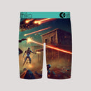 Boxer briefs with a science fiction design featuring a warrior and meteors, brand 'thika' visible.