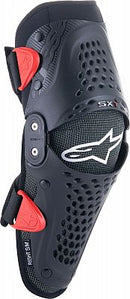 Introducing the SX-1 Youth Knee Guards by Crown Kiwi Enterprises Limited, featuring a sleek black and red motocross elbow guard. Equipped with ventilation holes and adorned with a prominent star logo on the front, this product is designed to complement youth knee protectors. It includes adjustable straps for a secure fit, offering both style and protection in one impressive package.