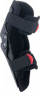 Introducing the SX-1 Youth Knee Guards by Crown Kiwi Enterprises Limited, featuring a sleek black and red motocross elbow guard. Equipped with ventilation holes and adorned with a prominent star logo on the front, this product is designed to complement youth knee protectors. It includes adjustable straps for a secure fit, offering both style and protection in one impressive package.