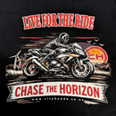 Black t-shirt with motorcycle graphic and text 'Live for the Ride, Chase the Horizon' on a dark background.