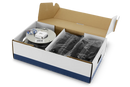 An image of a spool of black loop wire accompanied by several small black plastic stakes and pairs of blue and red connectors scattered nearby on a white background, resembling components from the Husqvarna Automower® Installation Kit by Husqvarna.