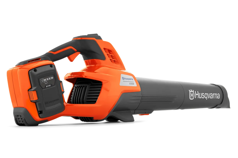 The Husqvarna 230iB Leaf Blower skin, featuring a brushless motor for enhanced efficiency, showcases a sleek orange design with black and gray accents. The "Husqvarna" name is proudly displayed on the tube, and its ergonomic handle ensures comfortable operation.