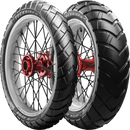 A spoked wheel features an Avon Trekrider tire with a black tread, ideal for multi-terrain use. The hub is metallic red, and "Avon Tyres" marks the sidewall. Set against a plain backdrop, it's ready to conquer any path.