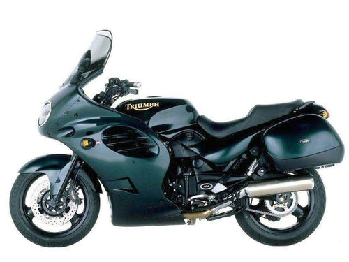 Ventura EVO-12 Bike-Pack Kit for Triumph Trophy 1200 T, V, W, X (96-03) includes pack, rack mounted on bike, and Sport-Rack L-Brackets with screws—generic image shown.