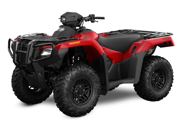 The Honda TRX700FA5 is a red and black all-terrain vehicle (ATV) built for off-road adventures. Featuring rugged tires and a sturdy build, it includes a four-wheel-drive system as well as front and rear cargo racks, blending sleek design with adventure-ready capability.