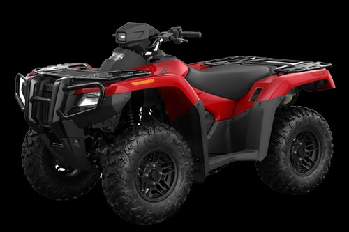 The Honda TRX700FA5 is a red and black all-terrain vehicle (ATV) built for off-road adventures. Featuring rugged tires and a sturdy build, it includes a four-wheel-drive system as well as front and rear cargo racks, blending sleek design with adventure-ready capability.