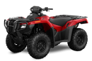 The Honda TRX700FA5 is a red and black all-terrain vehicle (ATV) built for off-road adventures. Featuring rugged tires and a sturdy build, it includes a four-wheel-drive system as well as front and rear cargo racks, blending sleek design with adventure-ready capability.
