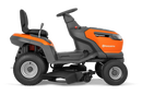 The Husqvarna Battery TS 100i Tractor, in orange with a black seat and steering wheel, offers ergonomic comfort and features robust wheels with visible blade housing. The brand logo is prominently displayed on the side, ensuring efficient mowing with every use.