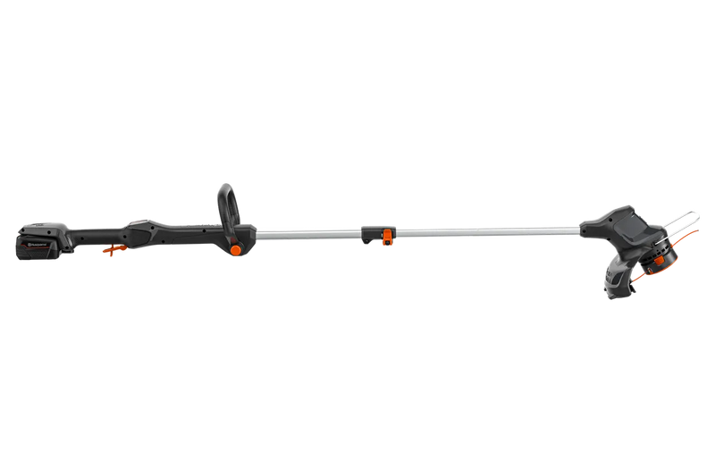 The Husqvarna Aspire™ T28 Grass Trimmer (Kit) features a long, extendable handle and a cutting blade at the end, with ergonomic grips and an orange and black design. A red "POWER FOR ALL" 18V Alliance logo is displayed in the lower left corner, highlighting its versatility as a battery trimmer.