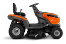 A bright orange Husqvarna TS 114 Lawn Tractor with black seating. This essential tool for maintaining beautiful lawns features large, sturdy wheels, a steering wheel, and various control mechanisms. The brand name and logo are prominently displayed on the front and side.