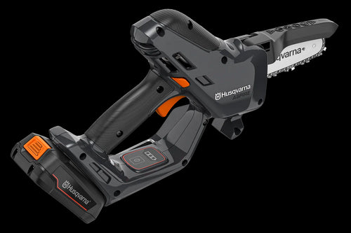 A black and orange, battery-powered telescopic pole saw with a small chainsaw attachment on the end, ideal for outdoor trimming tasks. The set includes a durable Husqvarna battery pack and a separate battery charger, all neatly arranged on a plain, white background. Perfect for maintaining lawns and gardens.