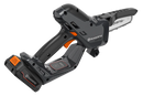 A black and orange, battery-powered telescopic pole saw with a small chainsaw attachment on the end, ideal for outdoor trimming tasks. The set includes a durable Husqvarna battery pack and a separate battery charger, all neatly arranged on a plain, white background. Perfect for maintaining lawns and gardens.