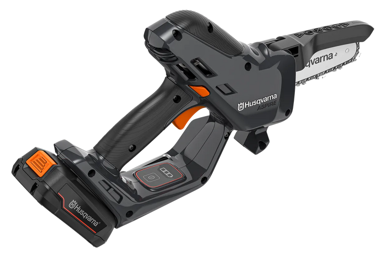 A compact Husqvarna Aspire™ P5 Pruner (Skin) featuring a black and orange design. The pruner is shown from a side angle, highlighting its ergonomic handle, safety guard, and branded chain guide. Perfect for maintaining lawns, it also showcases the "Power For All" logo in the corner.
