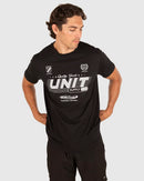 Man wearing a black t-shirt with branding on a white background