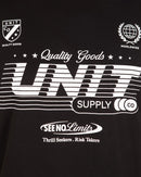 Black t-shirt with white text and logos on a black background