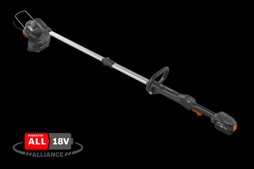 The Husqvarna Aspire™ T28 Grass Trimmer (Kit) features a long, extendable handle and a cutting blade at the end, with ergonomic grips and an orange and black design. A red "POWER FOR ALL" 18V Alliance logo is displayed in the lower left corner, highlighting its versatility as a battery trimmer.