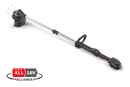 The Husqvarna Aspire™ T28 Grass Trimmer (Kit) features a long, extendable handle and a cutting blade at the end, with ergonomic grips and an orange and black design. A red "POWER FOR ALL" 18V Alliance logo is displayed in the lower left corner, highlighting its versatility as a battery trimmer.