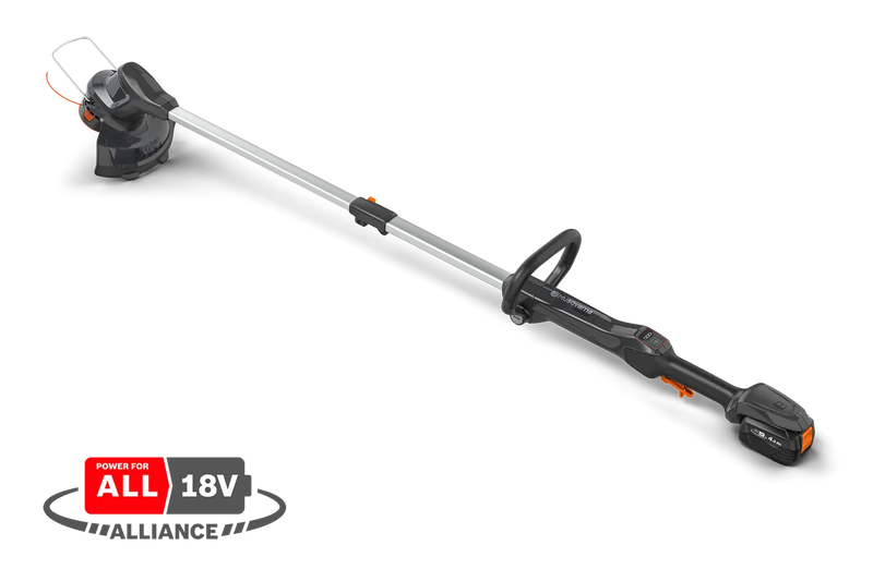 The Husqvarna Aspire™ T28 Grass Trimmer (Kit) features a long, extendable handle and a cutting blade at the end, with ergonomic grips and an orange and black design. A red "POWER FOR ALL" 18V Alliance logo is displayed in the lower left corner, highlighting its versatility as a battery trimmer.