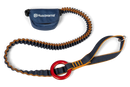 The Husqvarna Anti-shock chainsaw strap, available in a blue and orange bungee-style with a red ring, offers high abrasion resistance. It includes a small attached pouch displaying the Husqvarna logo. This adjustable strap is designed for secure attachment and easy tool access, ensuring safety for tree professionals.