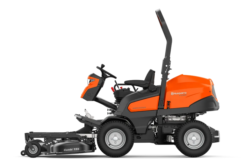 A large, orange and black Husqvarna P 525DX Rider Mower with a high seat, roll bar, and dual front cutting blades. This high-capacity diesel-powered front mower features a steering wheel, pedals, and a robust design with sturdy, high-grip tires for efficient lawn maintenance.