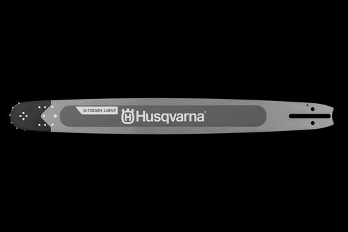 A Husqvarna X-Tough Light 20" Solid bar 3/8", crafted in silver and black, features the "X-Tough Light" label on the top left and "Husqvarna" prominently displayed across the middle. This durable, lightweight bar includes multiple attachment holes and a Replaceable Sprocket Nose, all set against a black background.