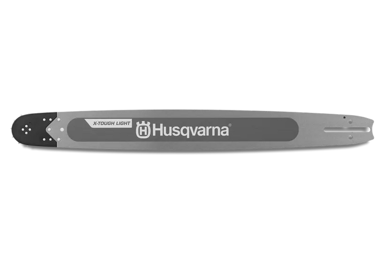 A Husqvarna X-Tough Light 20" Solid bar 3/8", crafted in silver and black, features the "X-Tough Light" label on the top left and "Husqvarna" prominently displayed across the middle. This durable, lightweight bar includes multiple attachment holes and a Replaceable Sprocket Nose, all set against a black background.