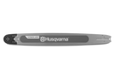 Image of a Husqvarna X-Tough Light 24" Solid bar 3/8" chainsaw bar. The bar is silver with black trim, featuring the Husqvarna logo in the center. Designed for durability, it boasts a replaceable sprocket nose and lightweight construction, with holes for attachment at one end.