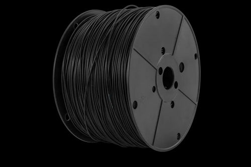 A Husqvarna Automower® Boundary Wire with a cardboard holder, akin to boundary wire installation for a Husqvarna Automower®. The boundary wire is neatly wound around the core, ready for installation. The holder features a cutout revealing the wire inside and two small threads sticking out, indicating the cable's end.