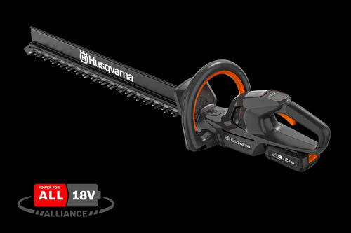 This image features a Husqvarna Aspire™ H50 Hedge Trimmer (Kit) with an 18V battery, perfect for outdoor tasks. The trimmer has an ergonomic black handle with orange accents, a long cutting blade, and is part of the "Power for All" Alliance.