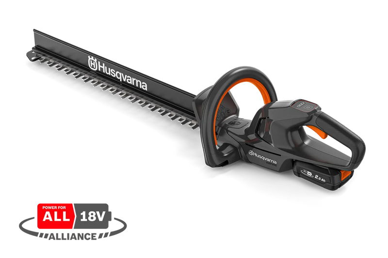 This image features a Husqvarna Aspire™ H50 Hedge Trimmer (Kit) with an 18V battery, perfect for outdoor tasks. The trimmer has an ergonomic black handle with orange accents, a long cutting blade, and is part of the "Power for All" Alliance.