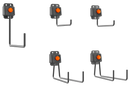 The image showcases the Husqvarna Aspire™ Storage Hook Set by Husqvarna, featuring five black wall-mounted hooks with orange buttons. Each metal hook has multiple prongs extending horizontally from the base, making them perfect for organizing garden tools. The hooks are depicted in various orientations, illustrating different usage positions.