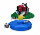A portable gasoline-powered water pump kit with a red and silver engine, a coiled green hose, a yellow filter, and a coiled blue hose with metal connectors, shown on a white background.
