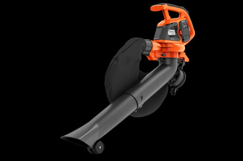 A Husqvarna 120iBV Blower/Vac (skin) with a large nozzle, perfect for your garden or forestry tasks. The blower features a top handle, operation buttons, and a wheel attachment at the base of the nozzle for easier maneuverability. Its modern design ensures efficient outdoor leaf clearing.