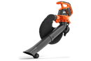 A Husqvarna 120iBV Blower/Vac (skin) with a large nozzle, perfect for your garden or forestry tasks. The blower features a top handle, operation buttons, and a wheel attachment at the base of the nozzle for easier maneuverability. Its modern design ensures efficient outdoor leaf clearing.